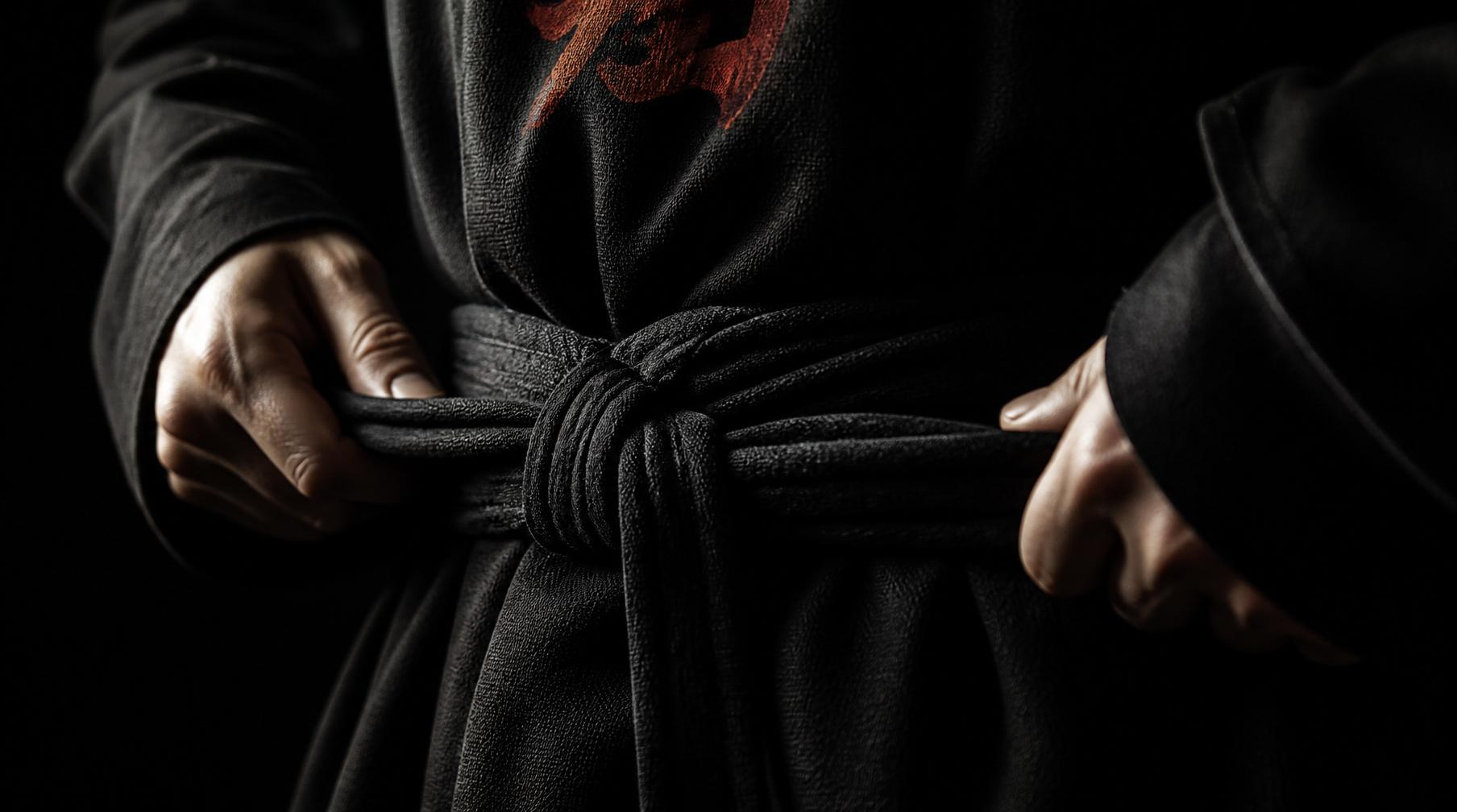 Detail of a black obi belt being tied